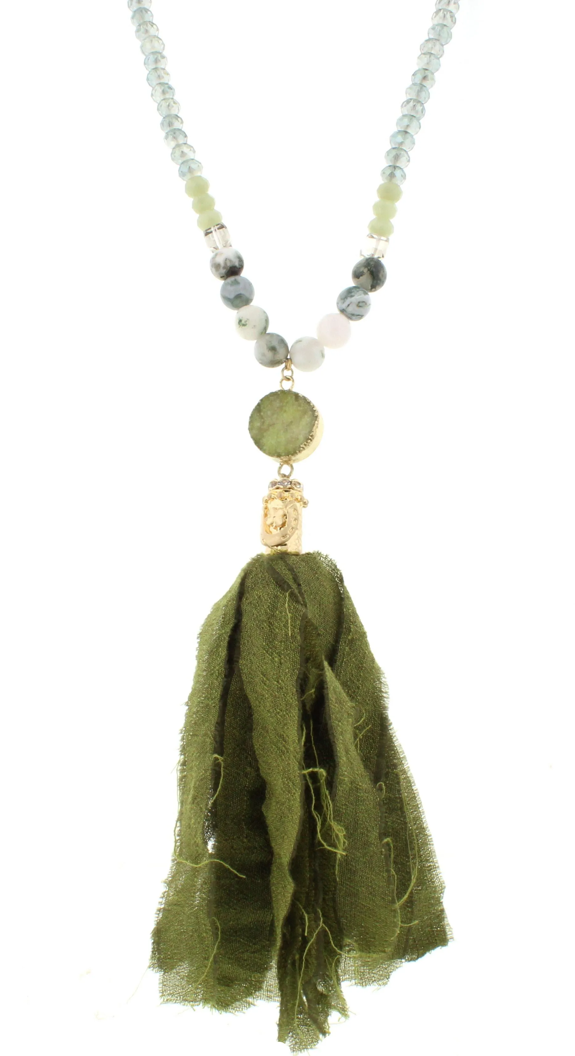 32" Green Beaded Necklace with Circle Green Druzy and Green Fabric Tassel, 3" Ext. sold by Charming Charlie