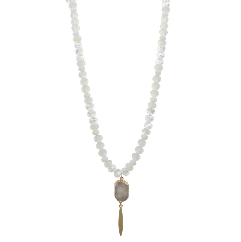 30" Half Beaded, Moonstone, Clear, White Necklace with White Druzy Pendant & Spear, 3" Ext. sold by Charming Charlie