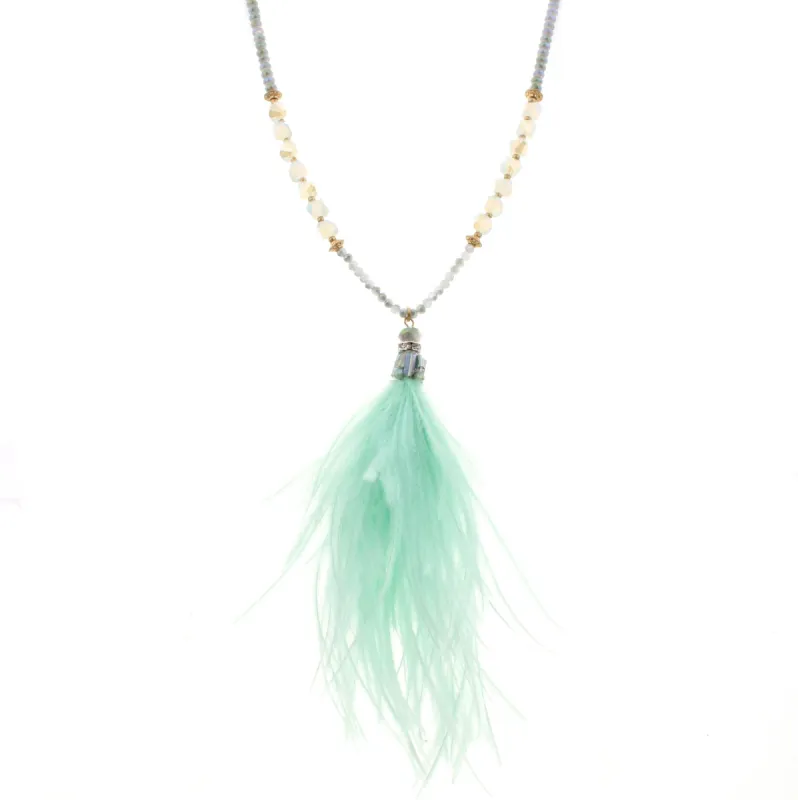 32" Beaded AB Grey/Opal Necklace with Mint Feather Tassel, 3" Ext. sold by Charming Charlie