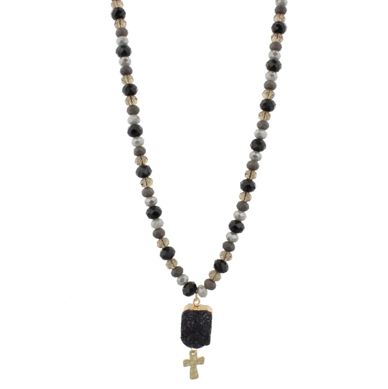 30" Half Beaded, Jet, Grey, Black Diamond Necklace with Jet Druzy Pendant & Cross, 3" Ext. sold by Charming Charlie