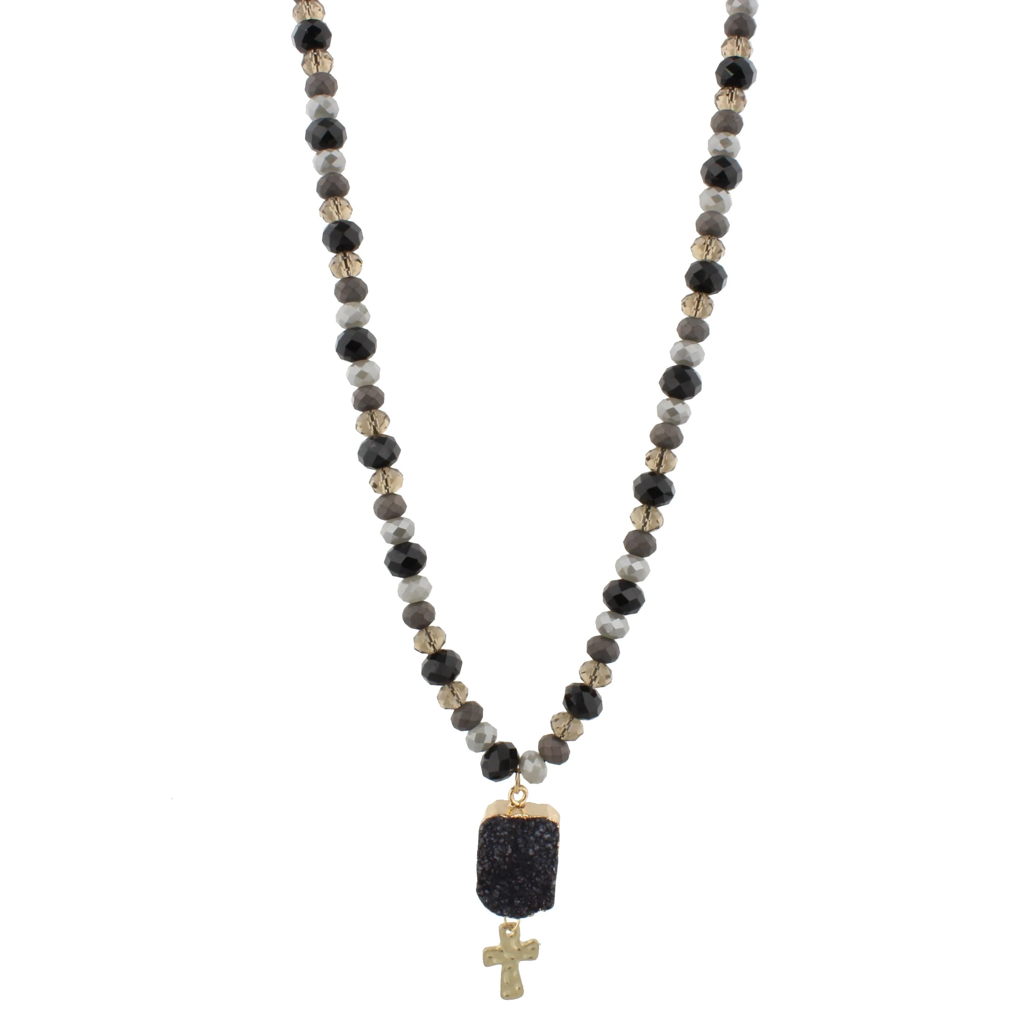 30" Half Beaded, Jet, Grey, Black Diamond Necklace with Jet Druzy Pendant & Cross, 3" Ext. sold by Charming Charlie