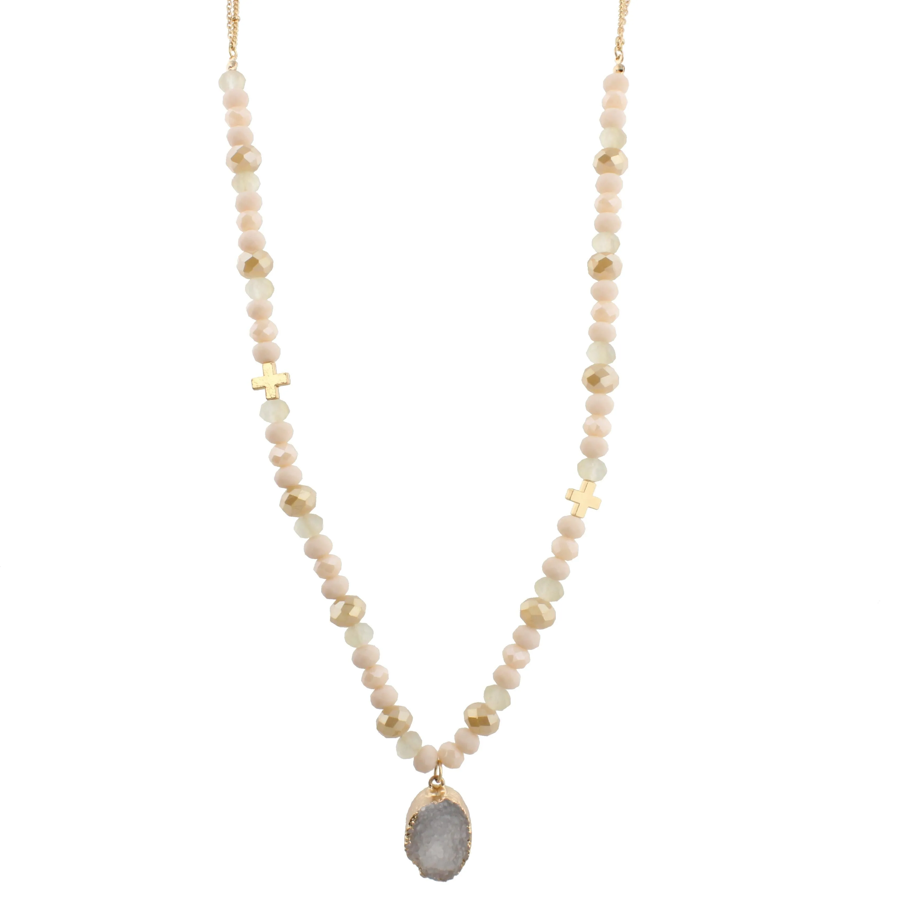 30" Half Beaded, Blush, Champagne , Cross Necklace with White Druzy Pendant, 3" Ext. sold by Charming Charlie