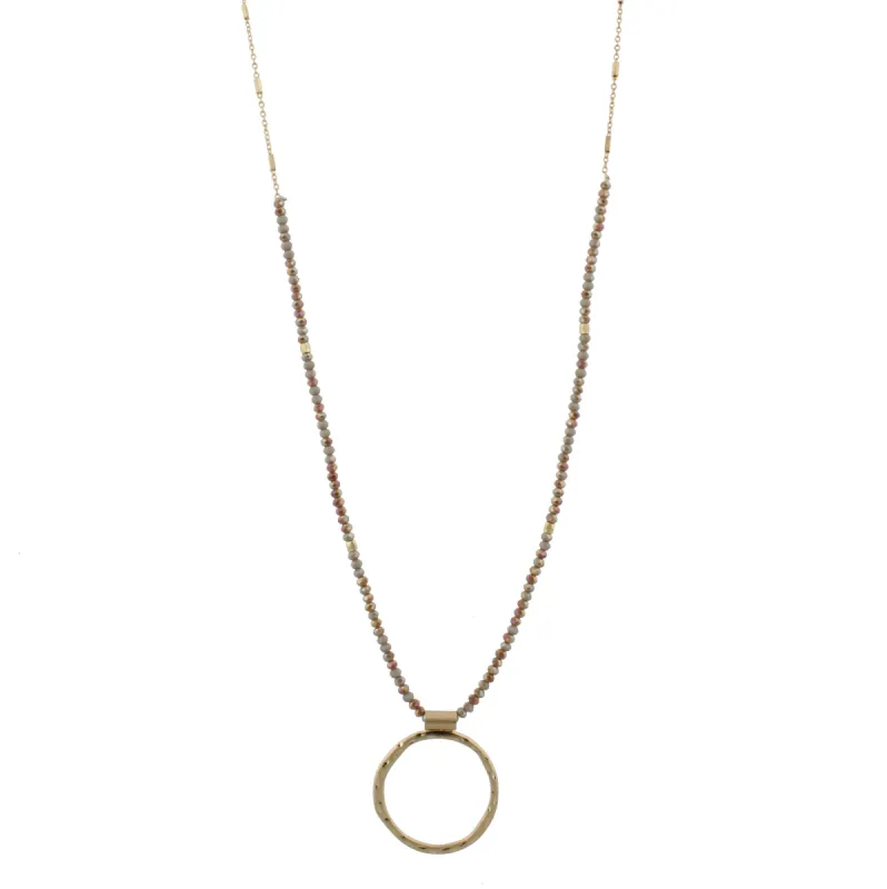 30" 1/3 2-Tone Grey Brown Beaded Necklace with Hammered Gold Circle, 3" Ext. sold by Charming Charlie