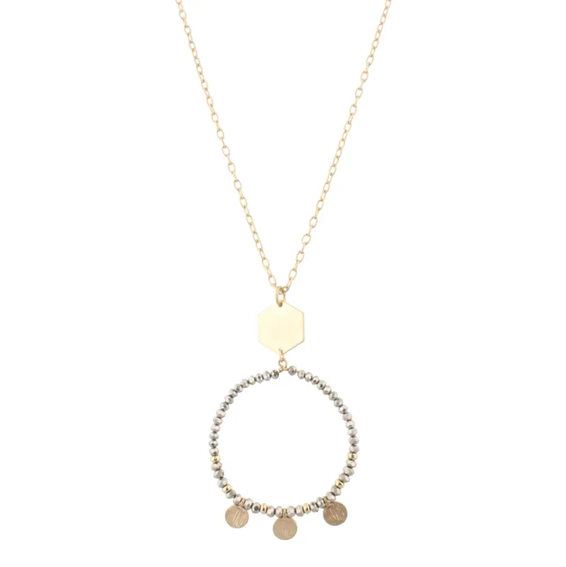 32" Gold Chain Necklace with Hematite Beaded Hoop with Gold Disks, 3" Ext. sold by Charming Charlie