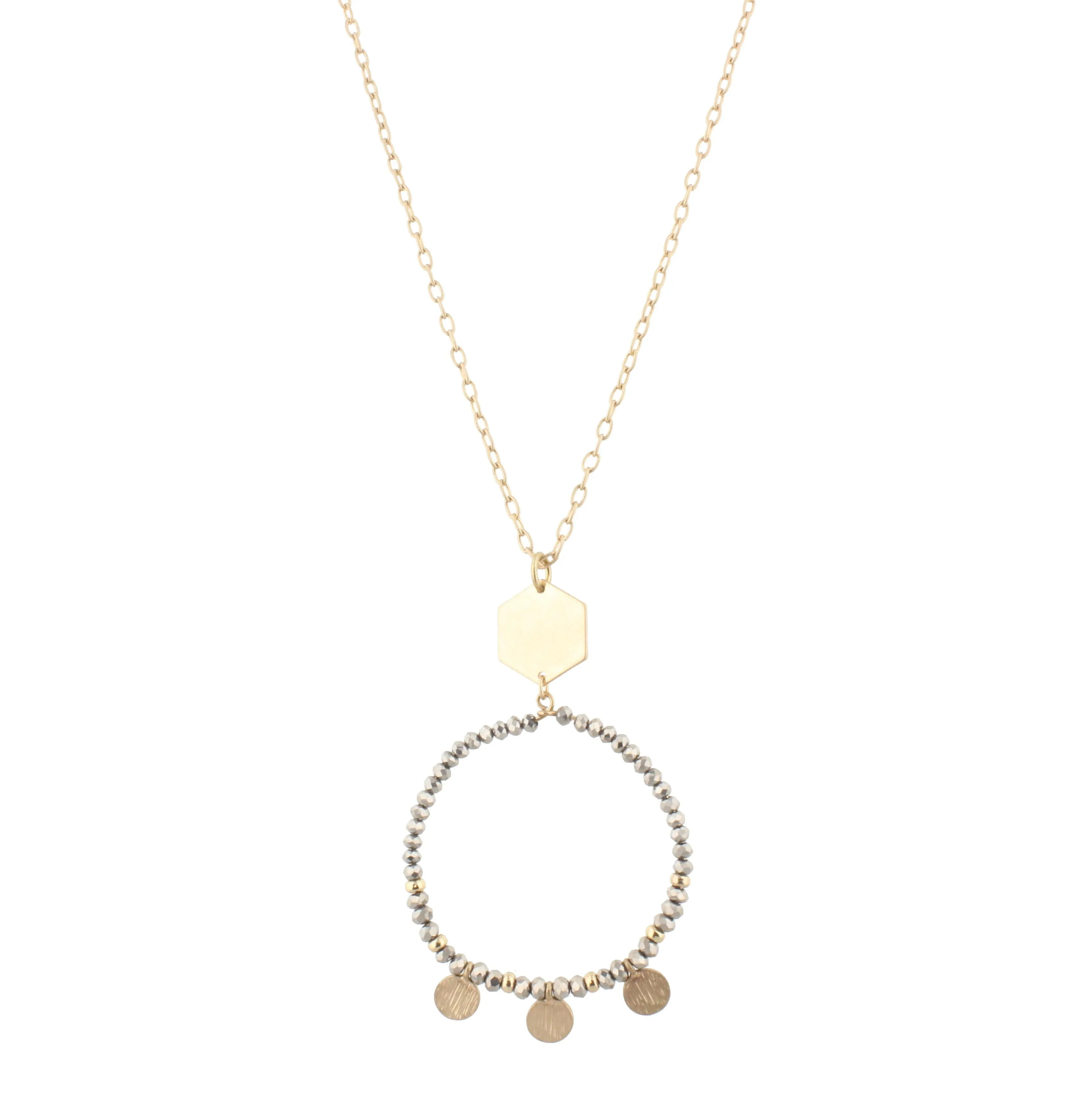 32" Gold Chain Necklace with Hematite Beaded Hoop with Gold Disks, 3" Ext. sold by Charming Charlie