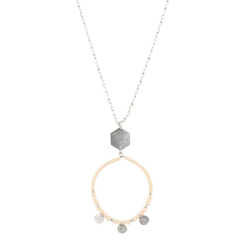 32" Silver Chain Necklace with Pale Pink Beaded Hoop with Circle Disks, 3" Ext. sold by Charming Charlie