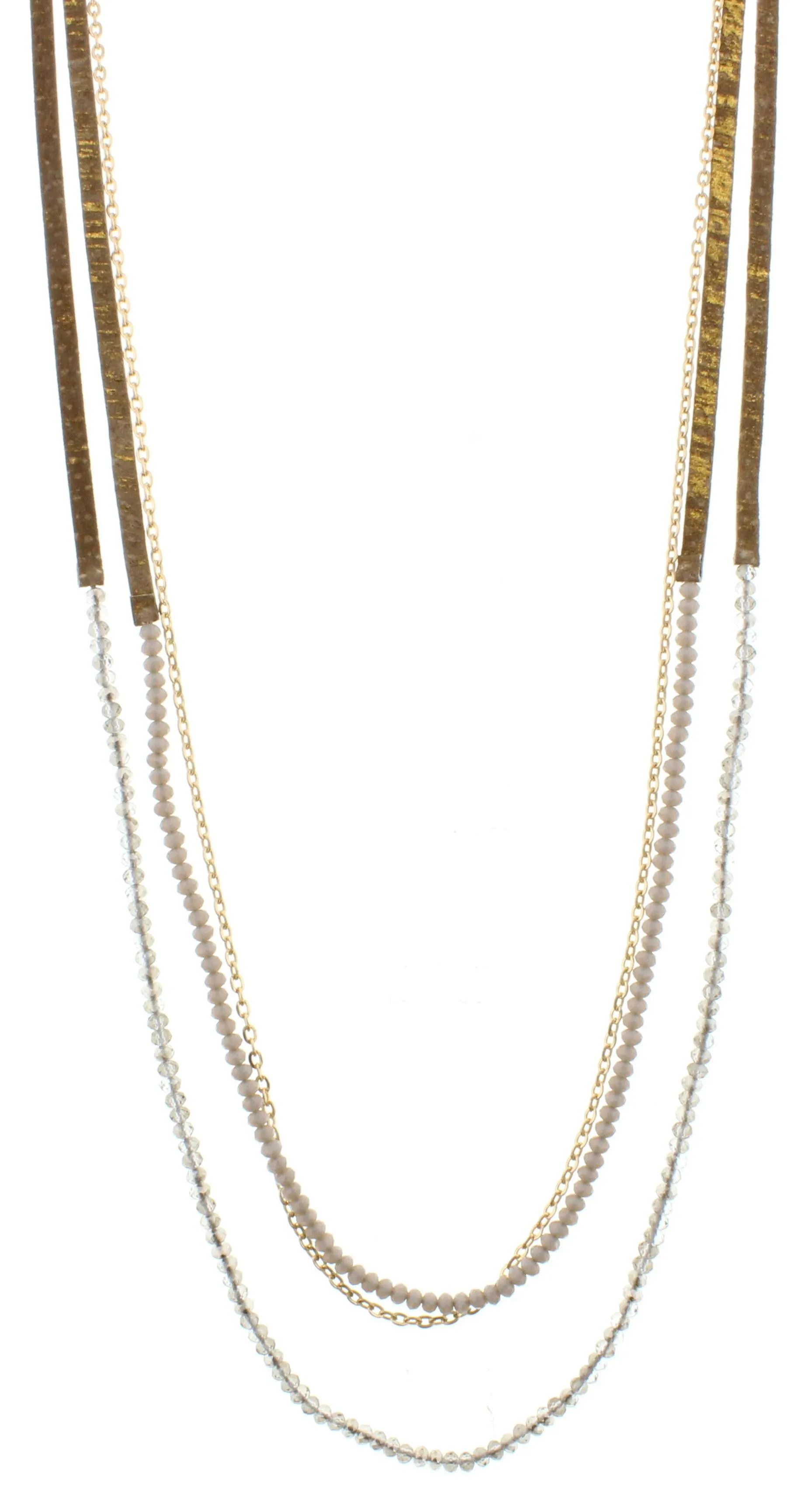 38" 3 Layer Hand Painted Gold Fleck Leather Necklace with Black Diamond & Grey Beaded Strands, 3" Ext. sold by Charming Charlie