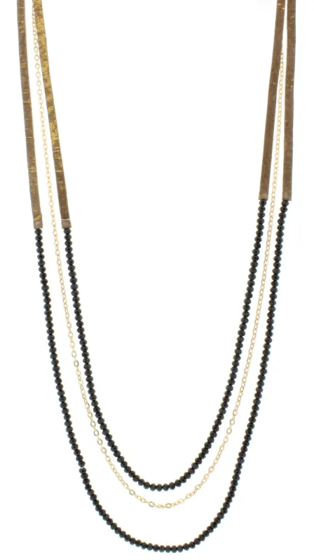 38" 3 Layer Hand Painted Gold Fleck Leather Necklace with Jet Beaded Strands,3" Ext. sold by Charming Charlie