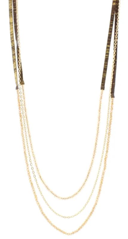 38" 3 Layer Hand Painted Gold Fleck Leather Necklace with Champagne Beaded Strands, 3" Ext. sold by Charming Charlie