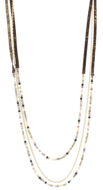 38" 3 Layer Hand Painted Gold Fleck Leather Necklace with Multi Beaded Strands, 3" Ext. sold by Charming Charlie