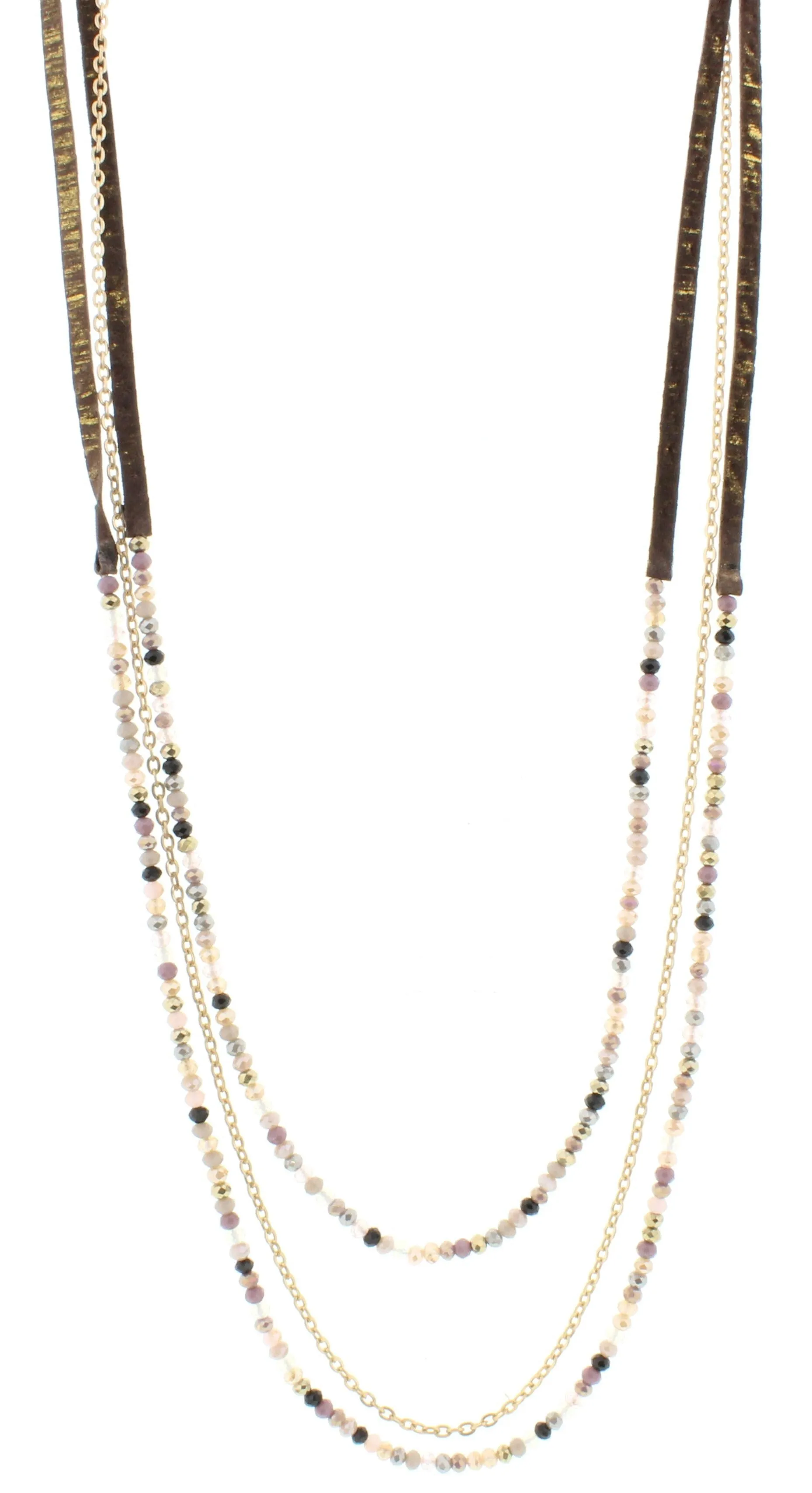 38" 3 Layer Hand Painted Gold Fleck Leather Necklace with Multi Beaded Strands, 3" Ext. sold by Charming Charlie