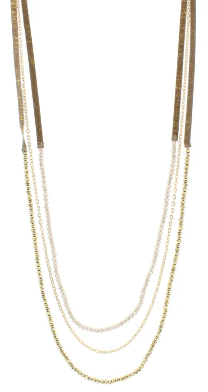 38" 3 Layer Hand Painted Gold Fleck Leather Necklace with Natural & Metallic Beaded Strands, 3" Ext. sold by Charming Charlie