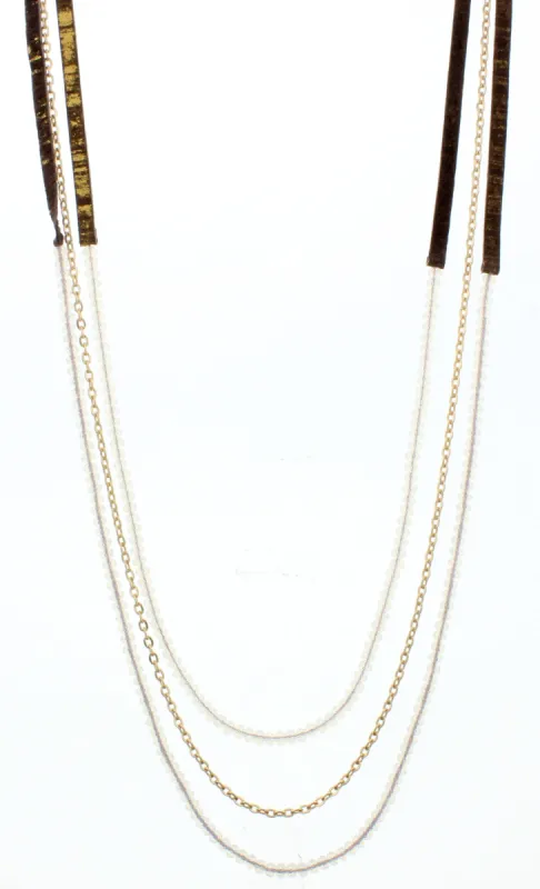 38" 3 Layer Hand Painted Gold Fleck Leather Necklace with Moonstone Beaded Strands, 3" Ext. sold by Charming Charlie