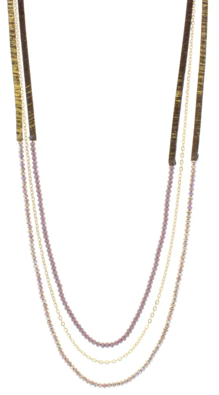 38" 3 Layer Hand Painted Gold Fleck Leather Necklace with Purple Beaded Strands, 3" Ext. sold by Charming Charlie