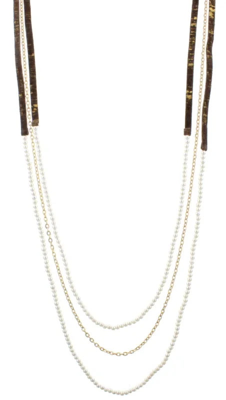 38" 3 Layer Hand Painted Gold Fleck Leather Necklace with Pearl Beaded Strands,3 " Ext, sold by Charming Charlie