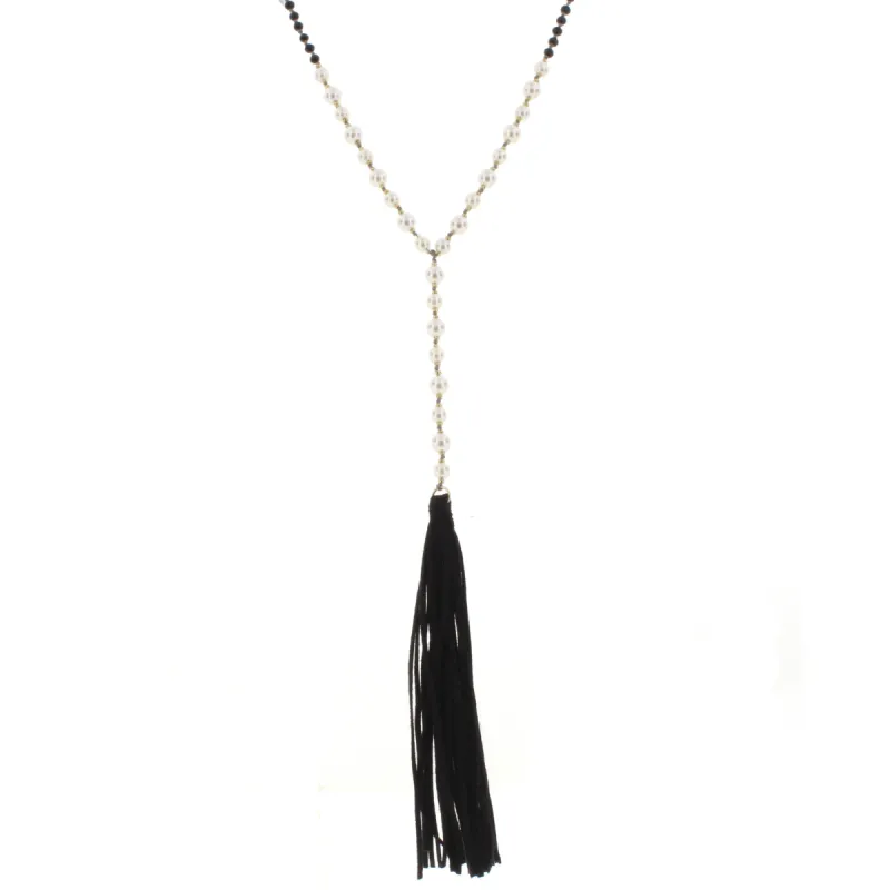 32" Jet & Pearl Partial Handknotted Y Necklace with Jet Leather Tassel, 3" Ext. sold by Charming Charlie