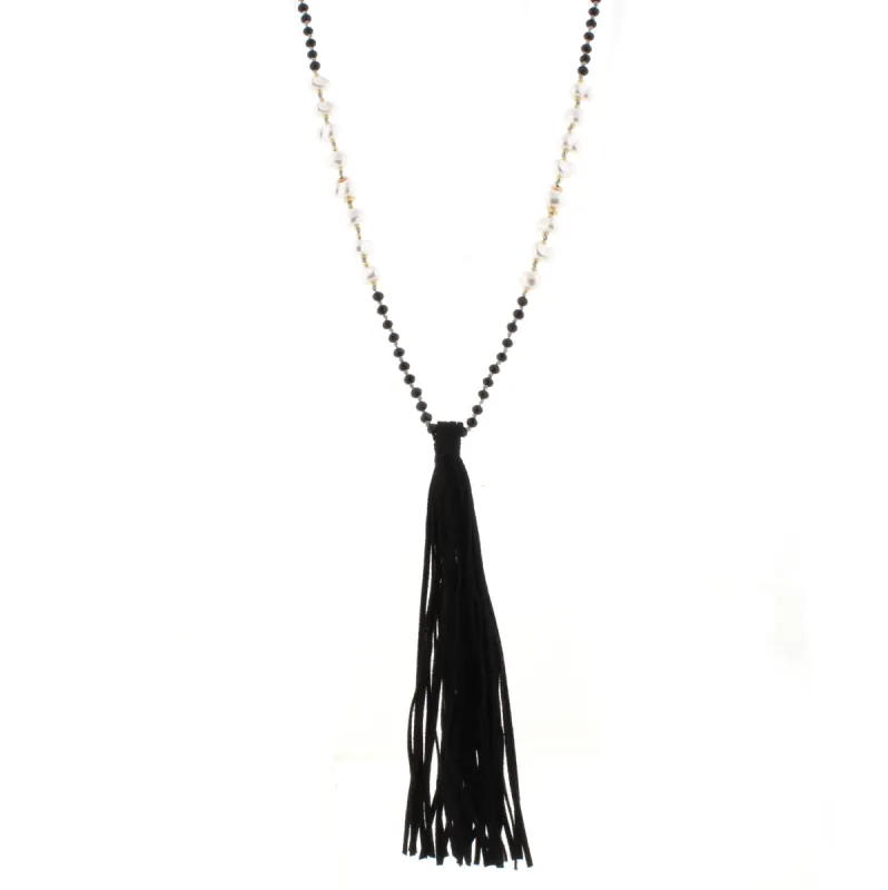 32" Jet & Pearl Partial Handknotted Necklace with Jet Leather Tassel, 3" Ext. sold by Charming Charlie