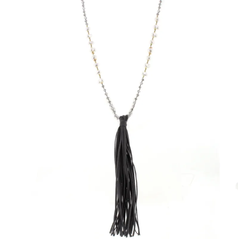 32" Grey & Pearl Partial Handknotted Necklace with Grey Leather Tassel, 3" Ext. sold by Charming Charlie