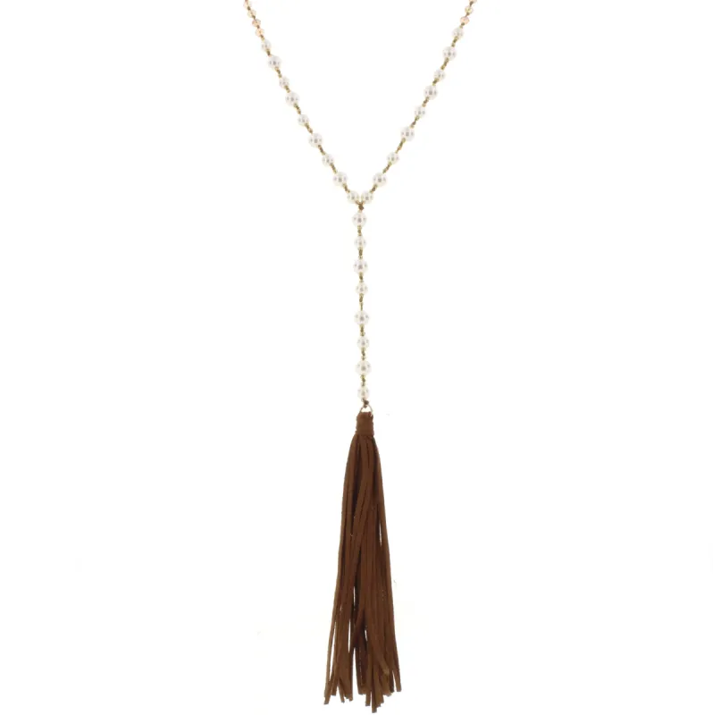 32" Champagne & Pearl Partial Handknotted Y Necklace with Tan Leather Tassel, 3" Ext. sold by Charming Charlie