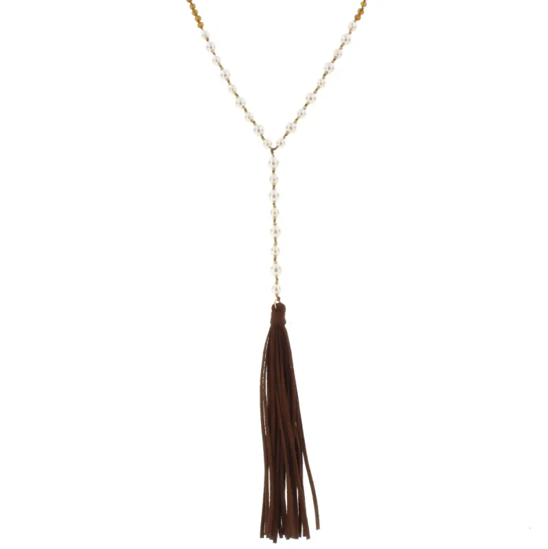 32" Topaz & Pearl Partial Handknotted Y Necklace with Brown Leather Tassel, 3" Ext. sold by Charming Charlie