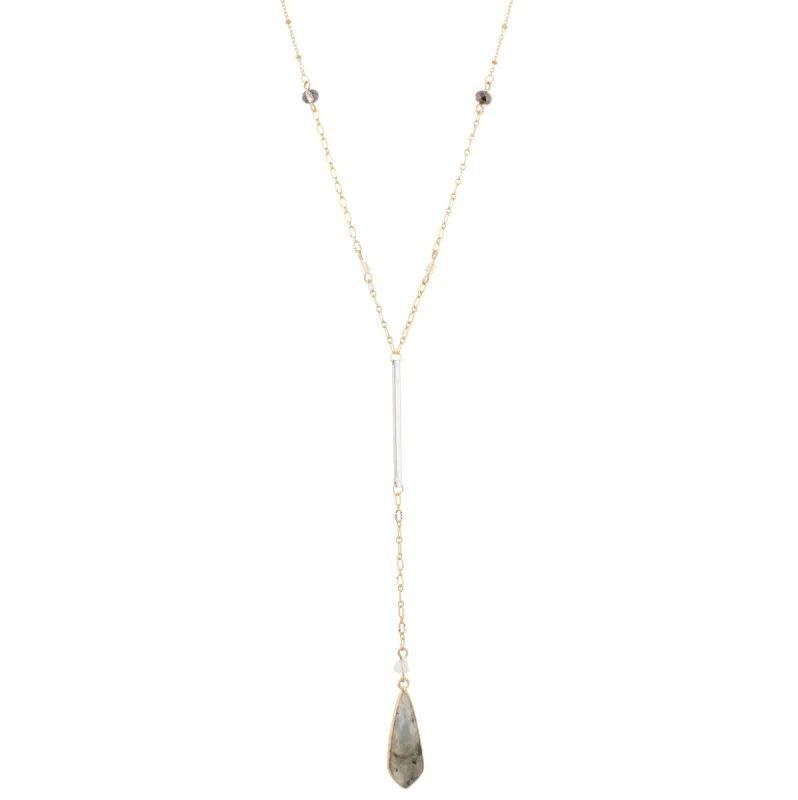 28" Gold Chain Y Necklace with Silver Bar with Black Diamond & Opal Beads and Labrodite, 3" Ext. sold by Charming Charlie