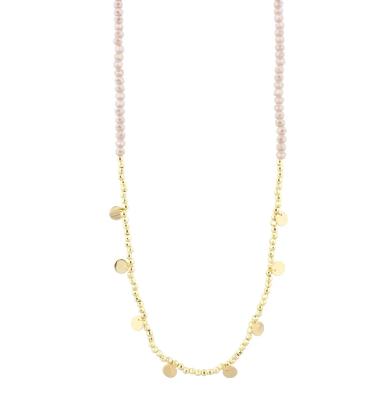 30" Beige Beaded Necklace with Gold Beads & Disks, 3" Ext. sold by Charming Charlie