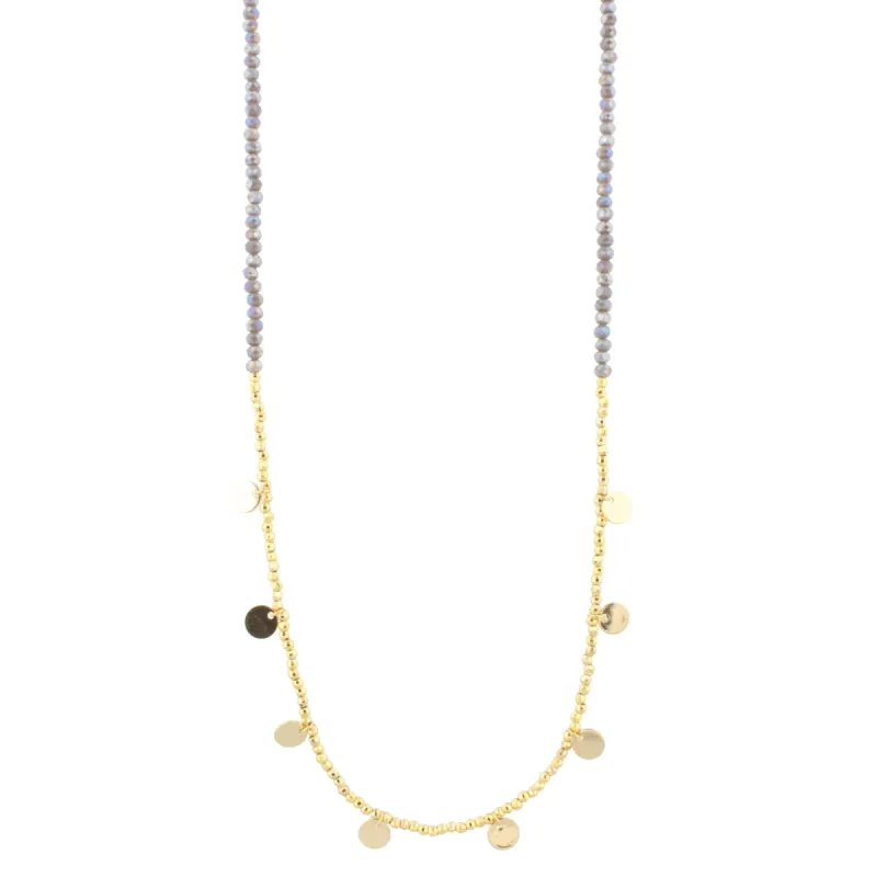30" AB Grey Beaded Necklace with Gold Beads & Disks, 3" Ext. sold by Charming Charlie