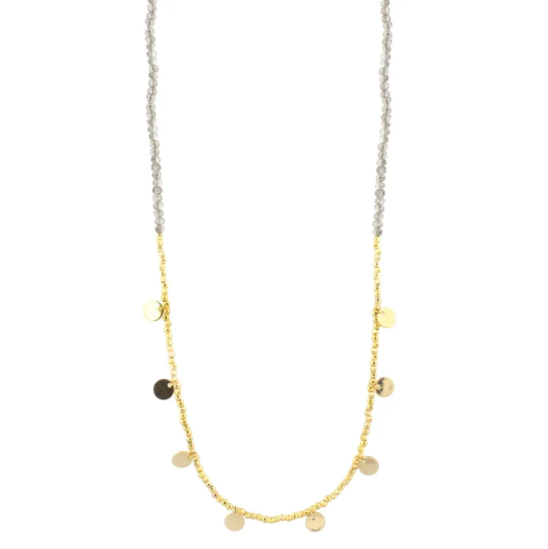 30" Grey Beaded with Necklace Gold Beads & Disks, 3" Ext. sold by Charming Charlie