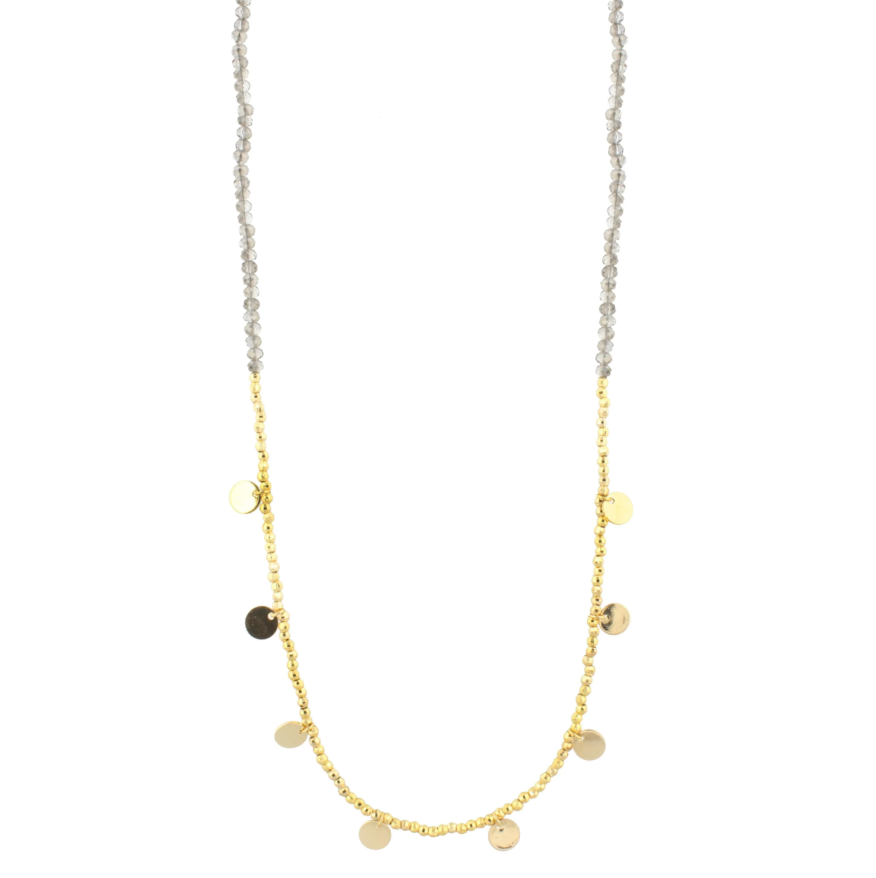 30" Grey Beaded with Necklace Gold Beads & Disks, 3" Ext. sold by Charming Charlie