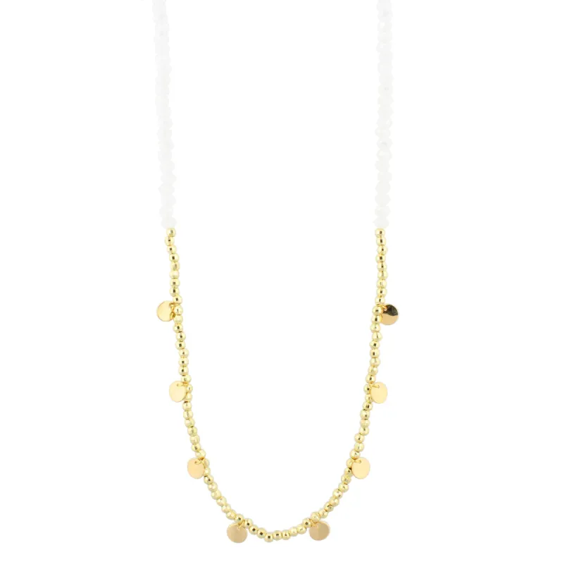 30" White Beaded Necklace with Gold Beads & Disks, 3" Ext. sold by Charming Charlie