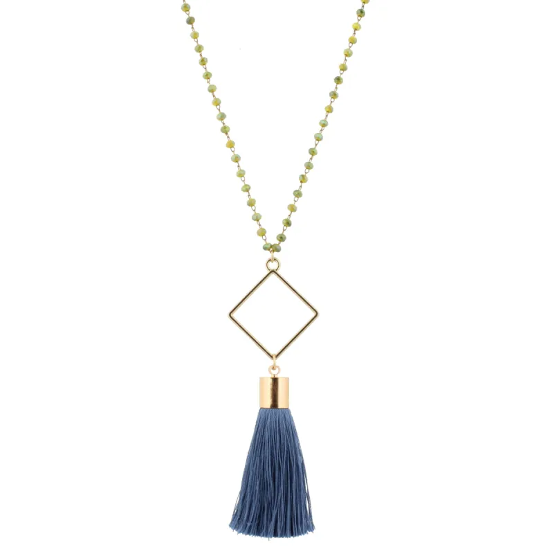 28" 2-Tone Green Beaded Necklace with Square & Blue Tassel, 3" Ext. sold by Charming Charlie