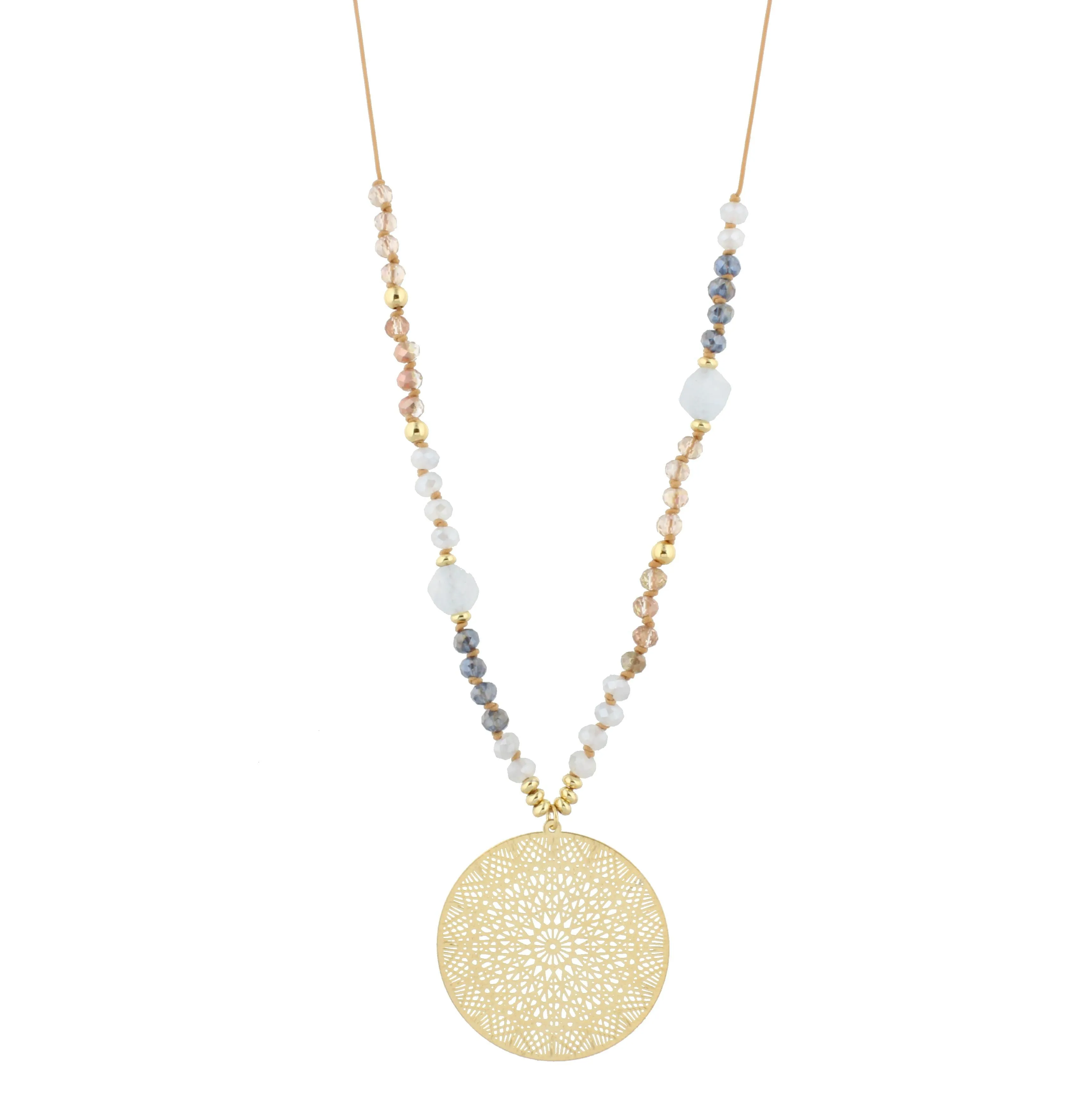 32" Adjustable Handknotted Grey, Blue, Brown Beaded Necklace with Circle Medallion sold by Charming Charlie