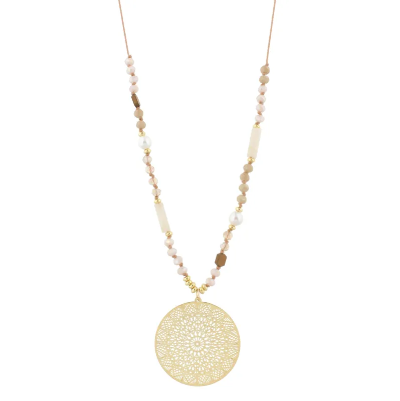 32" Adjustable Handknotted Pearl, AB, Beige Beaded Necklace with Circle Medallion sold by Charming Charlie