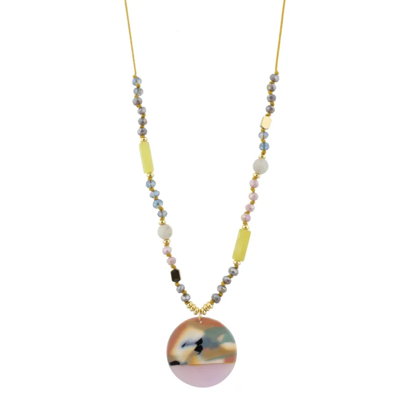 32" Adjustable Handknotted Lavender,Olive Jade, Blue Beaded Necklace with Wavy Multi Resin CIrcle sold by Charming Charlie