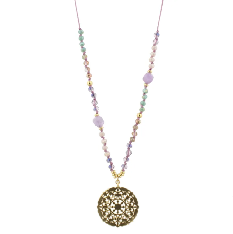 32" Adjustable Handknotted Purple and Mint Beaded Necklace with Medallion sold by Charming Charlie