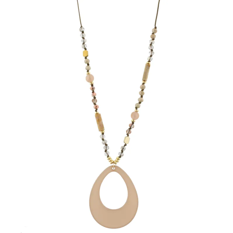 32" Adjustable Handknotted Peach, Moonstone, Jasper Beaded Necklace with Peach Teardrop sold by Charming Charlie