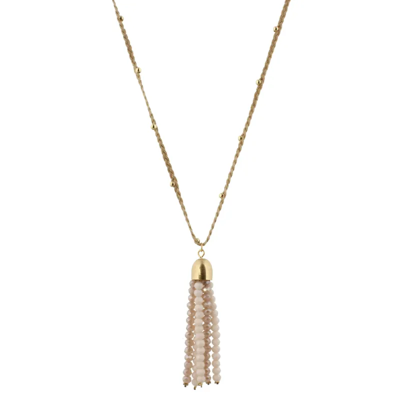 32" Tan Braided Body Necklace with Nude and Champagne Beaded Tassel sold by Charming Charlie