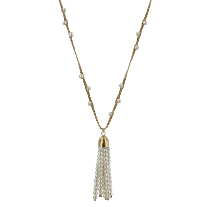 32" Tan Braided Body Necklace with Pearl Beaded Tassel sold by Charming Charlie