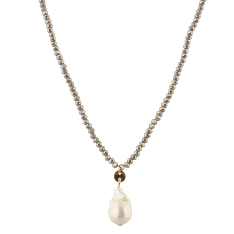 32" Greige Beaded Necklace with Baroque Pearl, 3" Ext. sold by Charming Charlie