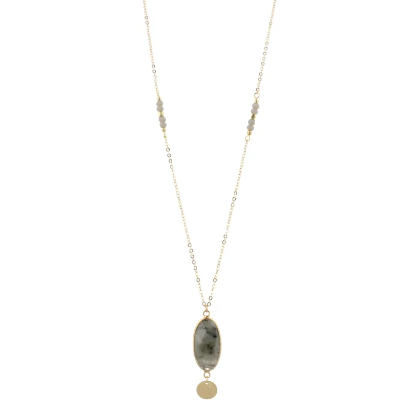 32" Faceted Labrodite Stone Necklace with Gold Disk Dangle, 3" Ext. sold by Charming Charlie