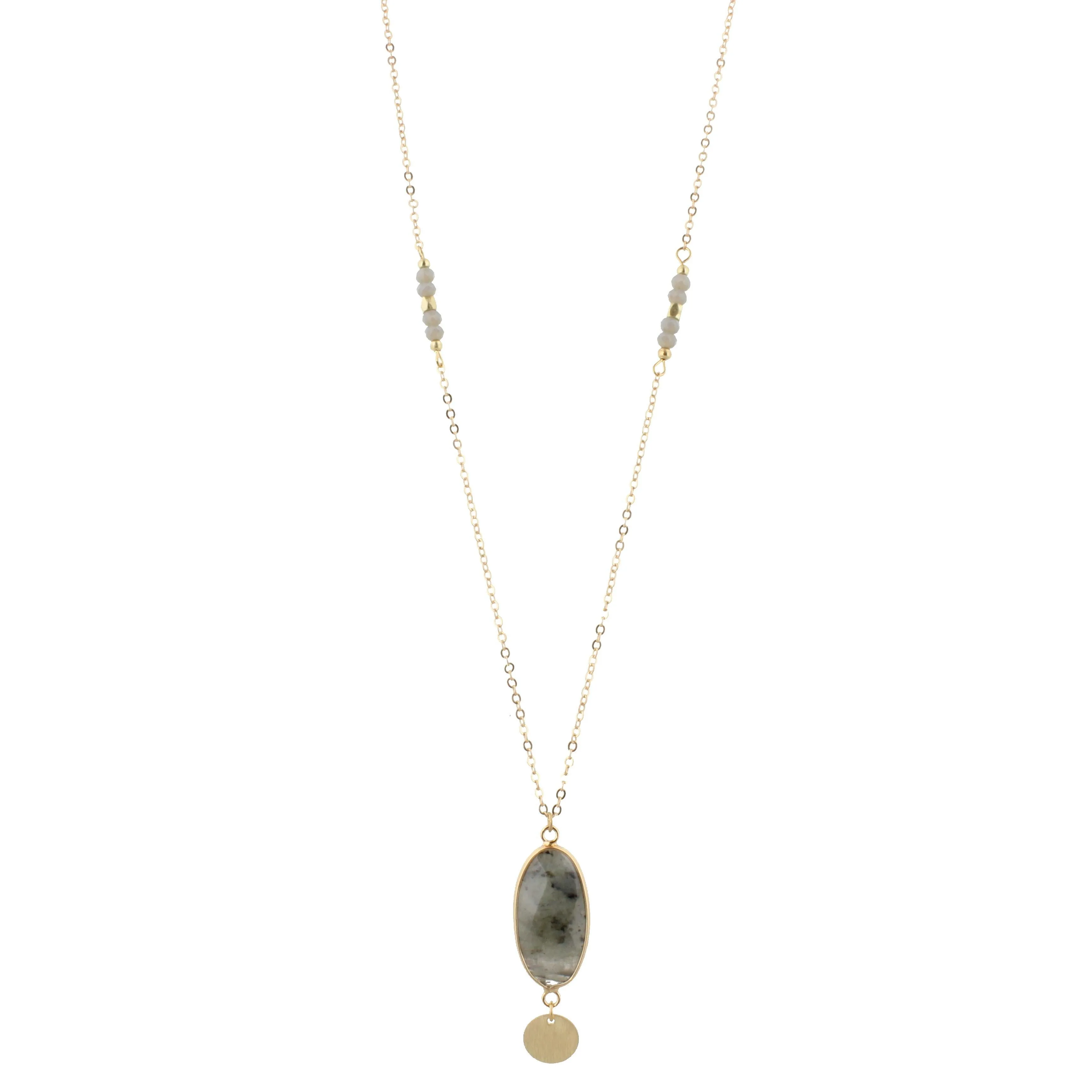 32" Faceted Labrodite Stone Necklace with Gold Disk Dangle, 3" Ext. sold by Charming Charlie
