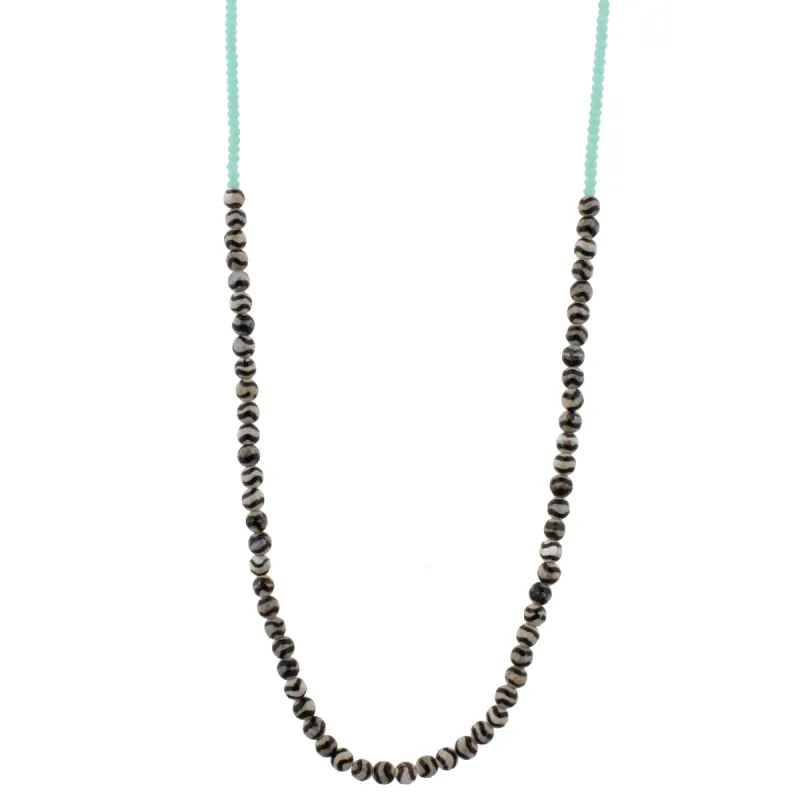 32" Black Wavy Tibetan Stone Beaded Necklace with Aqua Beads, 3" Ext. sold by Charming Charlie