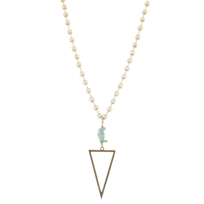 34" Sealed Link Clear Faceted Bead Necklace with Gold Fitted Disks and Amazonite Stack Stones with Gold Triangle, 3" Ext. sold by Charming Charlie