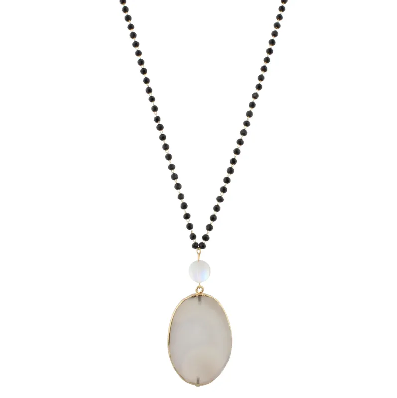 32" Matte Jet Linked Necklace with Opalized Bead and Grey Agate Slice, 3" Ext. sold by Charming Charlie