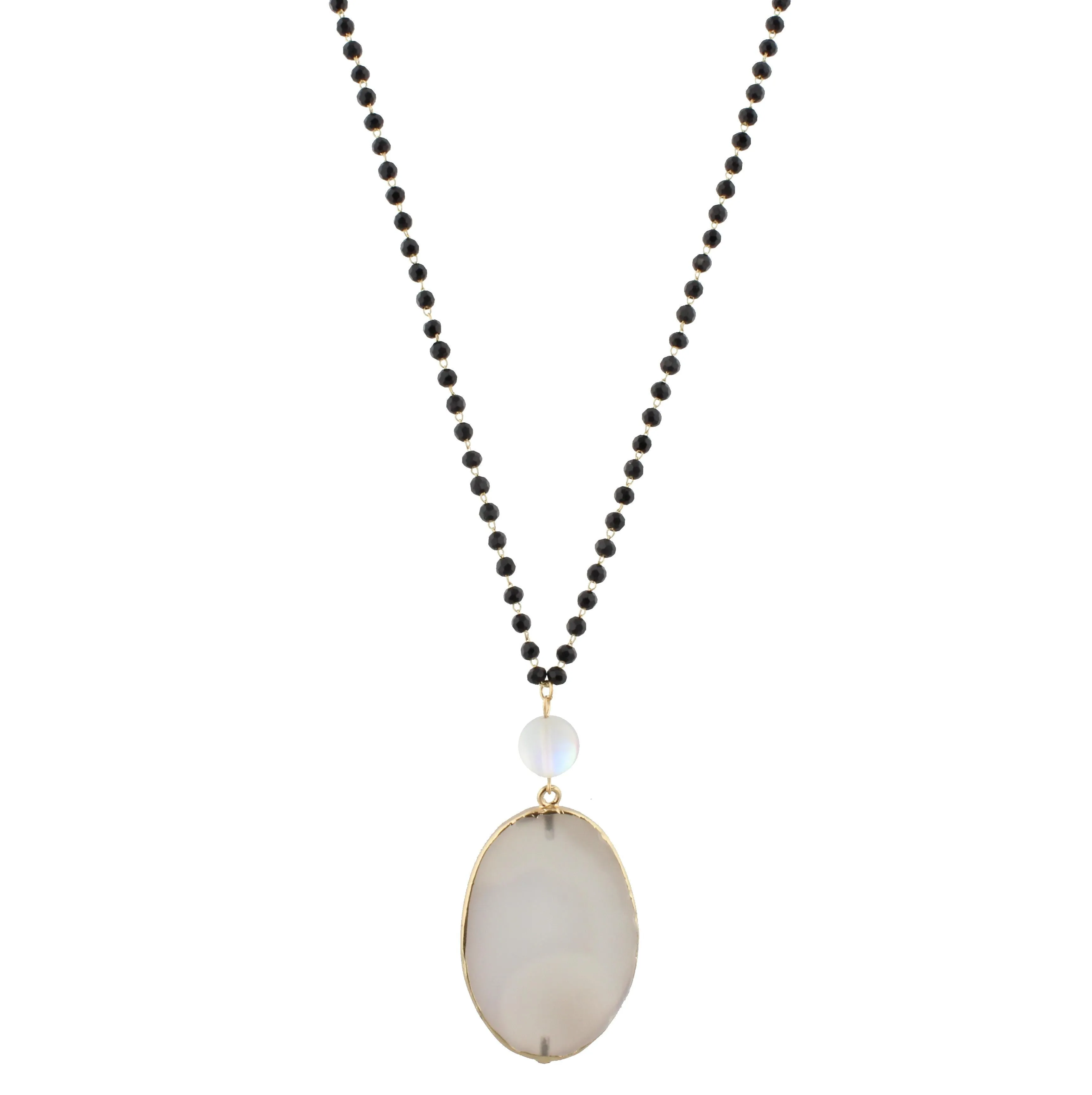 32" Matte Jet Linked Necklace with Opalized Bead and Grey Agate Slice, 3" Ext. sold by Charming Charlie