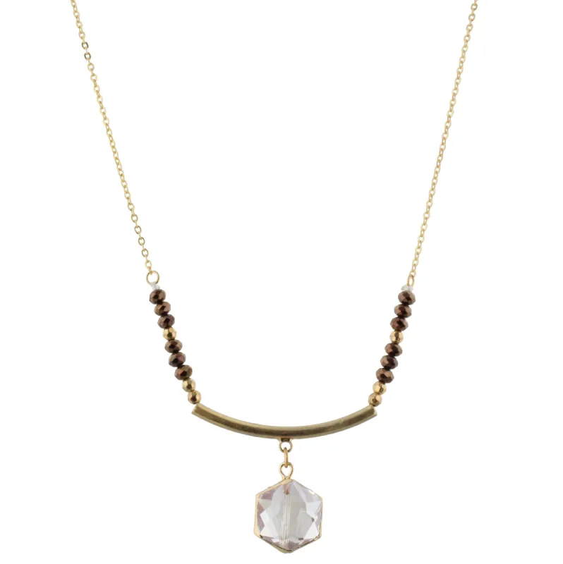 30" Chocolate with Gold Curved Bar Necklace with Clear Hexagon, 3" Ext. sold by Charming Charlie