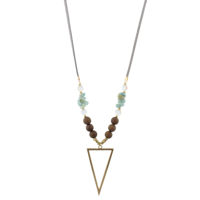 34" Grey Leather Necklace, Amazonite Stack Stones, Bronze Druzy Beads, Gold Triangle, 3" Ext. sold by Charming Charlie
