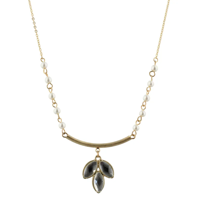 30" Pearl with Gold Curved Bar Necklace with Rhinestone Leaf, 3" Ext. sold by Charming Charlie
