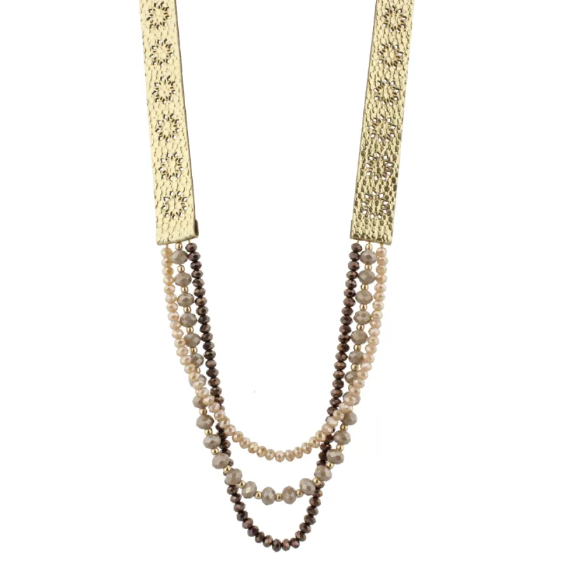 20" Gold Metallic Leather with Chocolate and Champagne Strands Necklace, 3" Ext. sold by Charming Charlie
