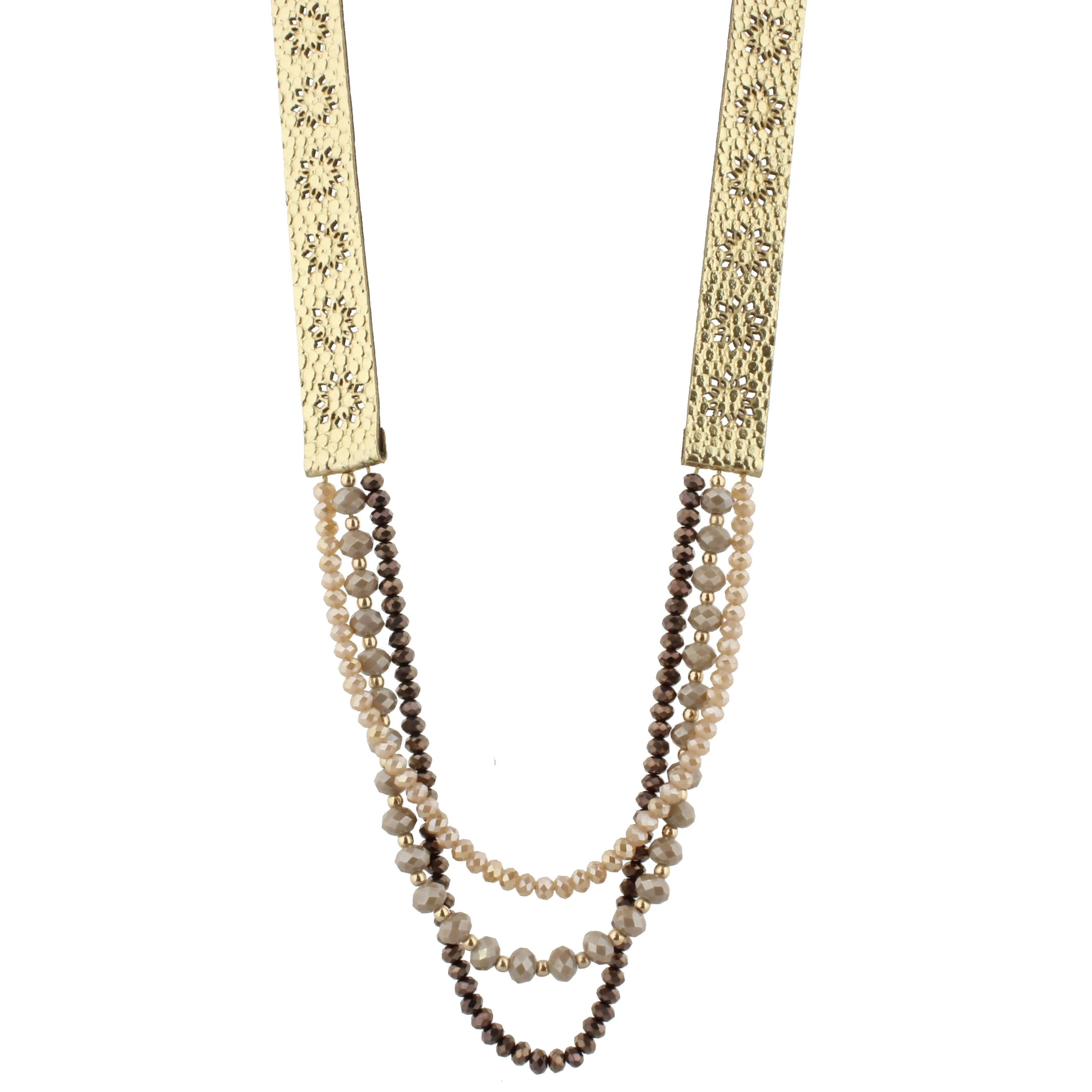 20" Gold Metallic Leather with Chocolate and Champagne Strands Necklace, 3" Ext. sold by Charming Charlie